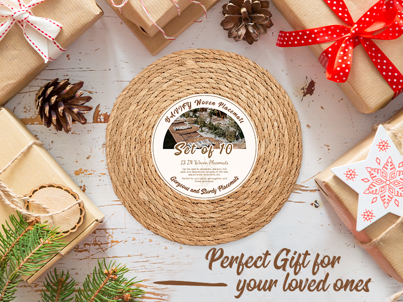 13 in Round Woven Placemats Plate Chargers Set of 10, Boho Farmhouse Rustic Woven Place Mats for Dining Table Decor, Rattan Wicker Table Mats Jute Braided Chargers for Dinner Plates