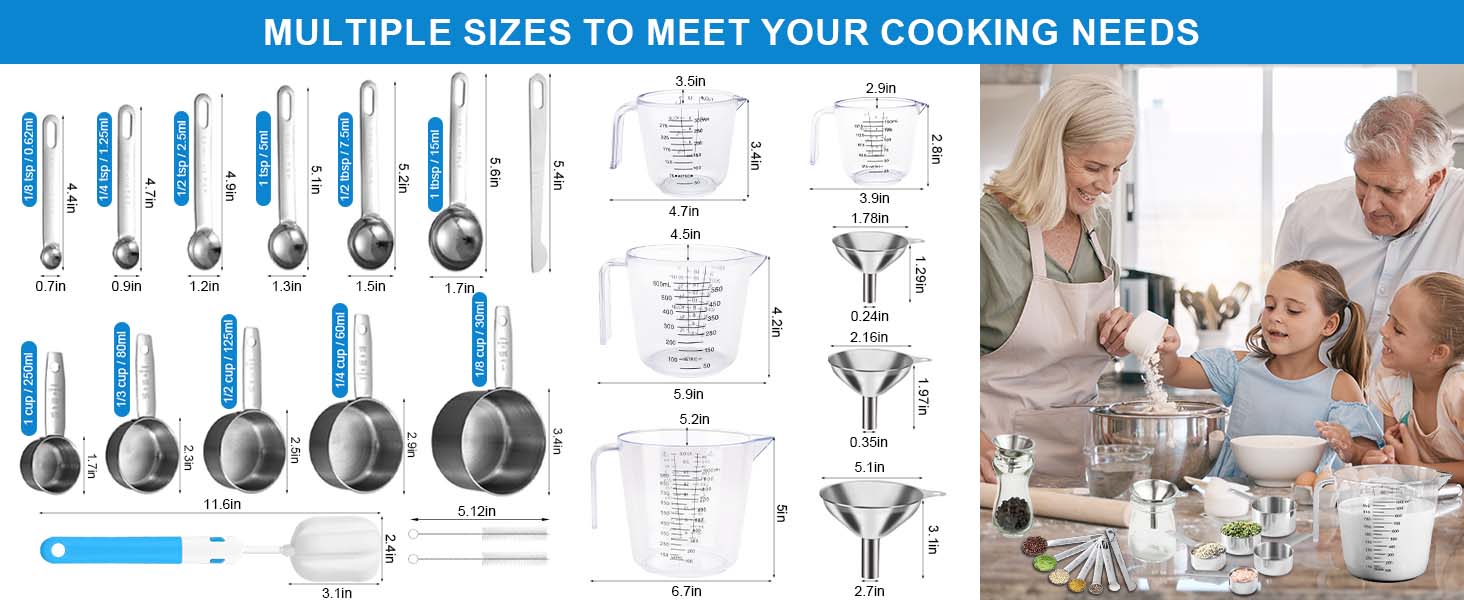 Measuring Cups and Spoons Set 22 Piece, 11 Stainless Steel Nesting Measuring Spoons and Cups with 4 Plastic Measuring Cup, 3 Funnel, 3 Brush, 1 Ruler, Measuring Cup Set for Kitchen Baking Liquid Dry