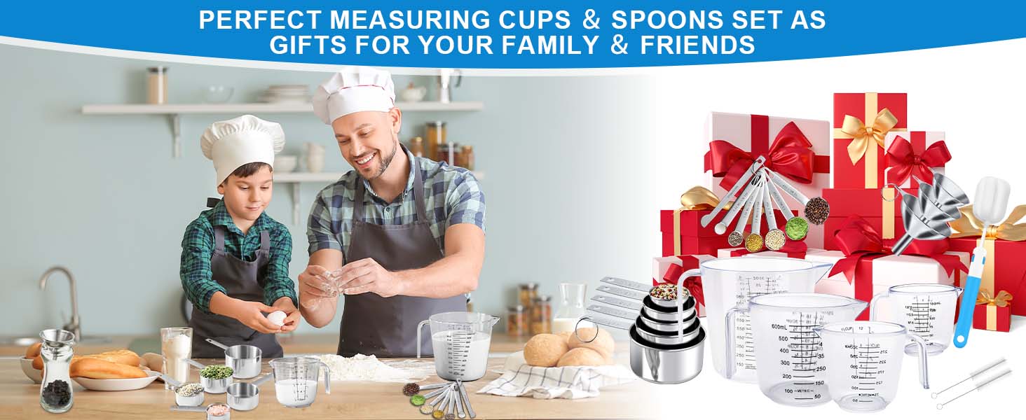 Measuring Cups and Spoons Set 22 Piece, 11 Stainless Steel Nesting Measuring Spoons and Cups with 4 Plastic Measuring Cup, 3 Funnel, 3 Brush, 1 Ruler, Measuring Cup Set for Kitchen Baking Liquid Dry