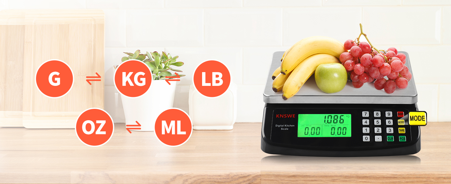 Large Kitchen Scale Black 40KG/88LB Commercial Food Scales Digital Weight for Cooking Meat Baking Bread Price Computing 304 Stainless Steel with Parts Counting Deli Stores Tare Function