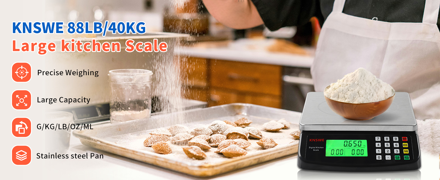 Large Kitchen Scale Black 40KG/88LB Commercial Food Scales Digital Weight for Cooking Meat Baking Bread Price Computing 304 Stainless Steel with Parts Counting Deli Stores Tare Function