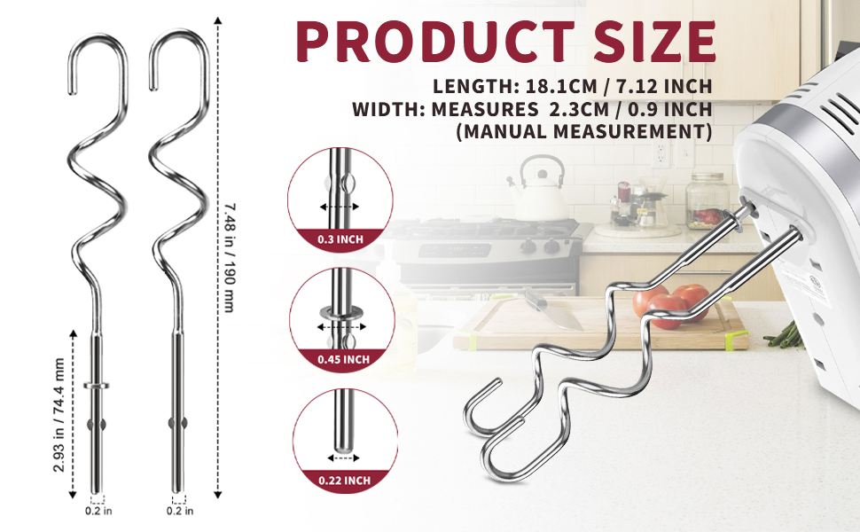 New Dough Hook for Hand Mixer Replacement for Kitchenaid Hand Mixer Dough Hooks KHM512, Stainless Steel Dough Hooks Suitable for KHM 5KSM KSM KSMO KSMH Series of Kitchenaid Mixer Hand Held, Set of 2