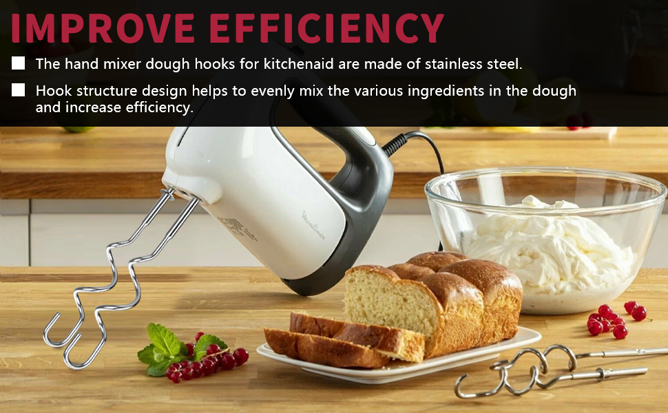 New Dough Hook for Hand Mixer Replacement for Kitchenaid Hand Mixer Dough Hooks KHM512, Stainless Steel Dough Hooks Suitable for KHM 5KSM KSM KSMO KSMH Series of Kitchenaid Mixer Hand Held, Set of 2