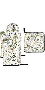 Vintage Floral Oven Mitts and Pot Holders Sets of 3 Cute Botanic Hot Pads Herbs and Wild Flowers Oven Gloves Heat Resistant Washable for Kitchen Cooking Grilling Baking