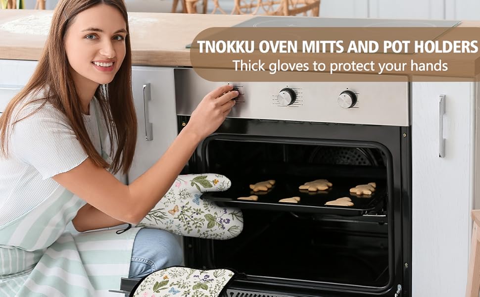 Vintage Floral Oven Mitts and Pot Holders Sets of 3 Cute Botanic Hot Pads Herbs and Wild Flowers Oven Gloves Heat Resistant Washable for Kitchen Cooking Grilling Baking