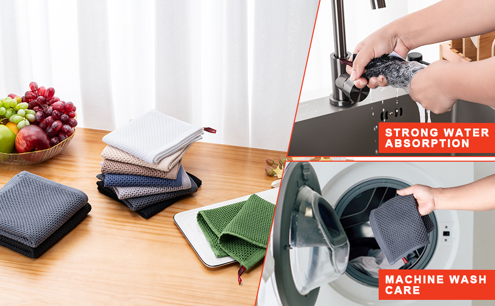 BOOMIBOO ﻿Kitchen Towels 6-Pack Kitchen Dish Cloths,100% Cotton Towels Waffle Weave, Ultra Soft Absorbent, Quick Drying, 12x12 Inches,Dark Grey