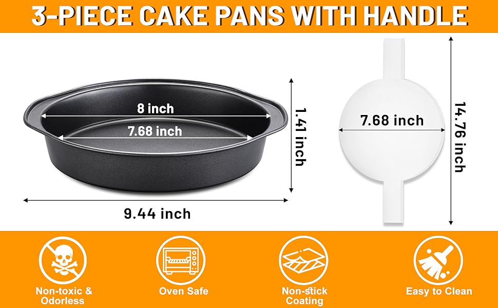 8 Inch Cake Pan - 3PCS Carbon Steel Round Cake Pans with 100 Pieces Parchment Paper, Non-stick & Easy Demolding, Non-toxic & Healthy