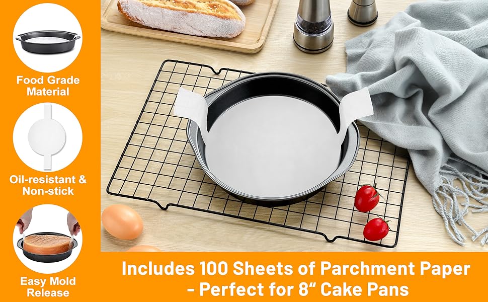 8 Inch Cake Pan - 3PCS Carbon Steel Round Cake Pans with 100 Pieces Parchment Paper, Non-stick & Easy Demolding, Non-toxic & Healthy