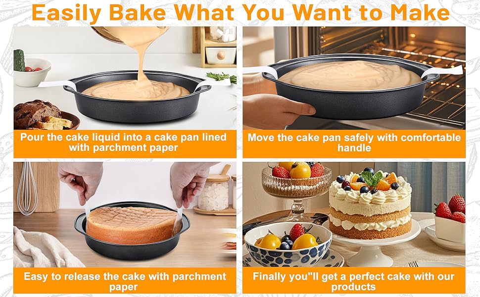 8 Inch Cake Pan - 3PCS Carbon Steel Round Cake Pans with 100 Pieces Parchment Paper, Non-stick & Easy Demolding, Non-toxic & Healthy