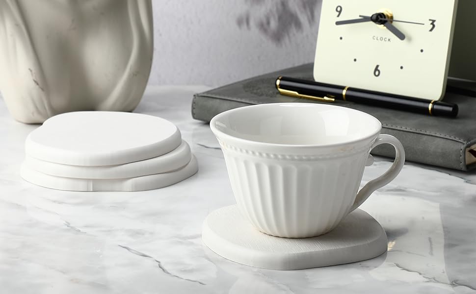 Diatomaceous Earth Coasters Set of 4，Cool Absorbent Quick-Dry Drink Coasters for Desks, Cute Modern Stone Design with Stylish White Aesthetic (4, White)