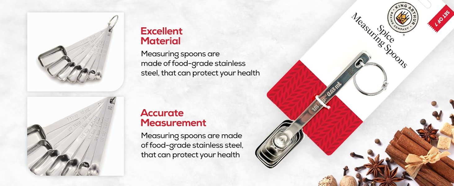 King Arthur Baking Company Spice Measuring Spoons, 18/8 Stainless Steel, 7-Piece Set, Precision Measures, For Baking And Cooking