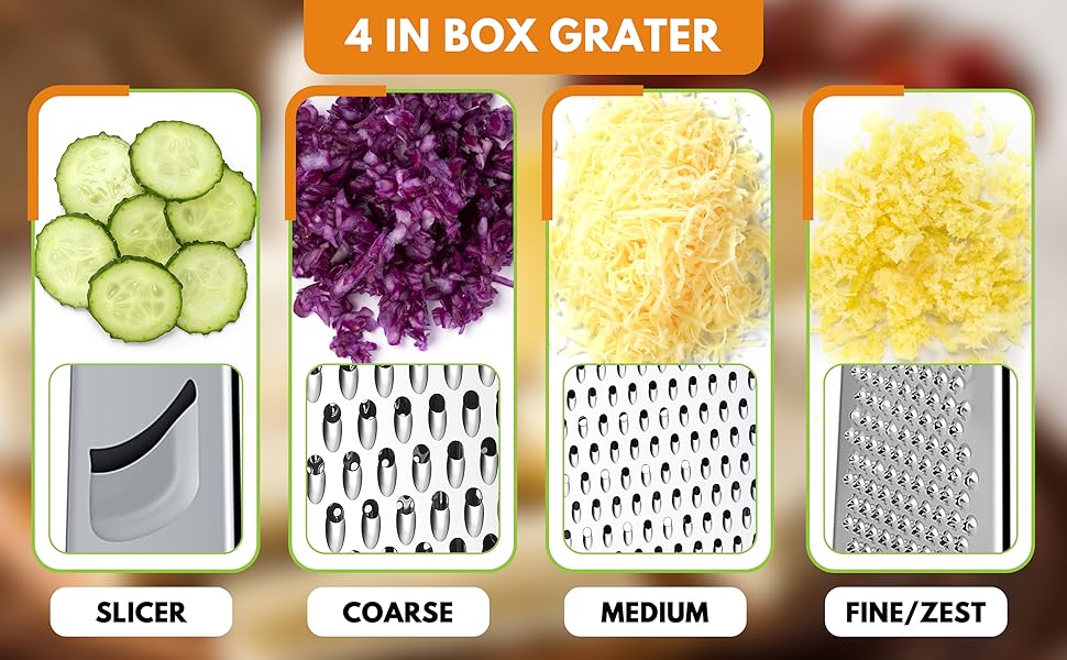 Urbanstrive Cheese Grater With Container, Professional Cheese Grater with Handle, Stainless Steel Graters for Kitchen Handheld, Box Grater with 4 Sides for Vegetables, Ginger, Potatoes (Red)