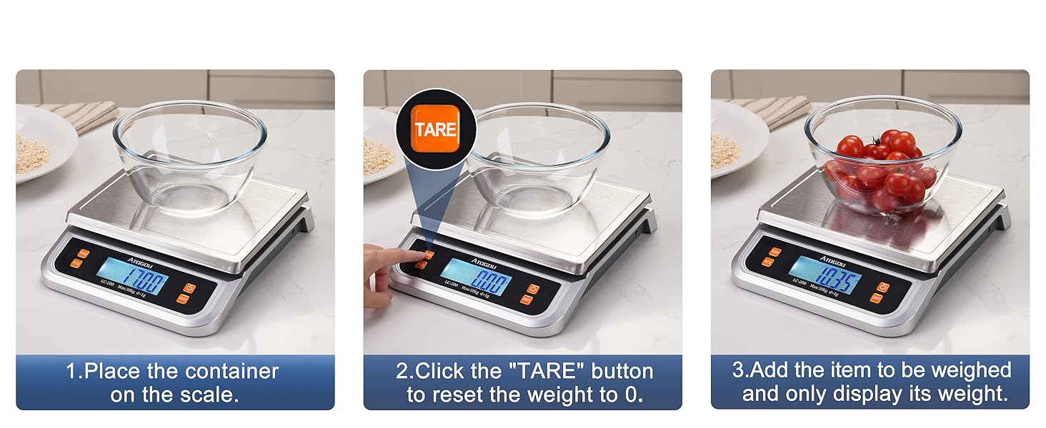 ATOGOU 66lb Food Scale, Commercial Kitchen Scale Plug-in Usable with Full View LCD Display, Stainless Steel, for Baking, Bread, Cooking, Meat, Vegetables, Farm, Industry LC200 Silver