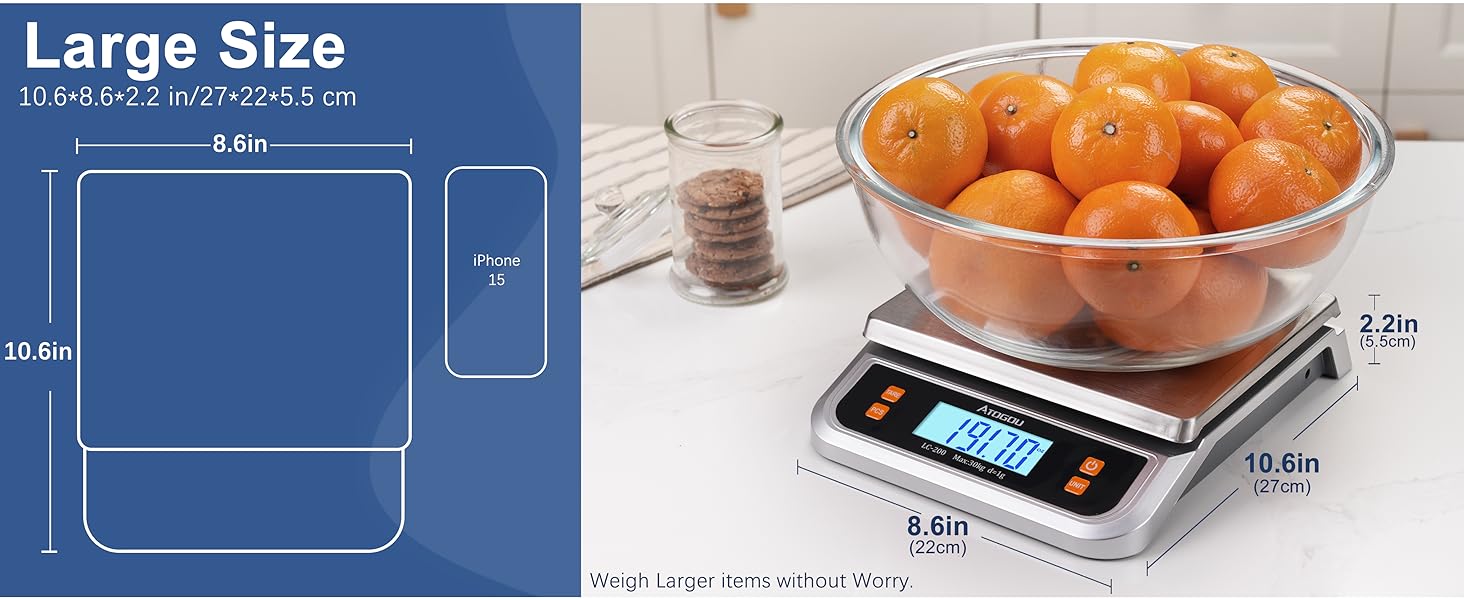 ATOGOU 66lb Food Scale, Commercial Kitchen Scale Plug-in Usable with Full View LCD Display, Stainless Steel, for Baking, Bread, Cooking, Meat, Vegetables, Farm, Industry LC200 Silver