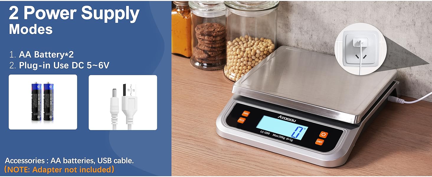 ATOGOU 66lb Food Scale, Commercial Kitchen Scale Plug-in Usable with Full View LCD Display, Stainless Steel, for Baking, Bread, Cooking, Meat, Vegetables, Farm, Industry LC200 Silver