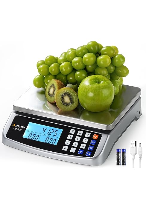 ATOGOU 66lb Food Scale, Commercial Kitchen Scale Plug-in Usable with Full View LCD Display, Stainless Steel, for Baking, Bread, Cooking, Meat, Vegetables, Farm, Industry LC200 Silver