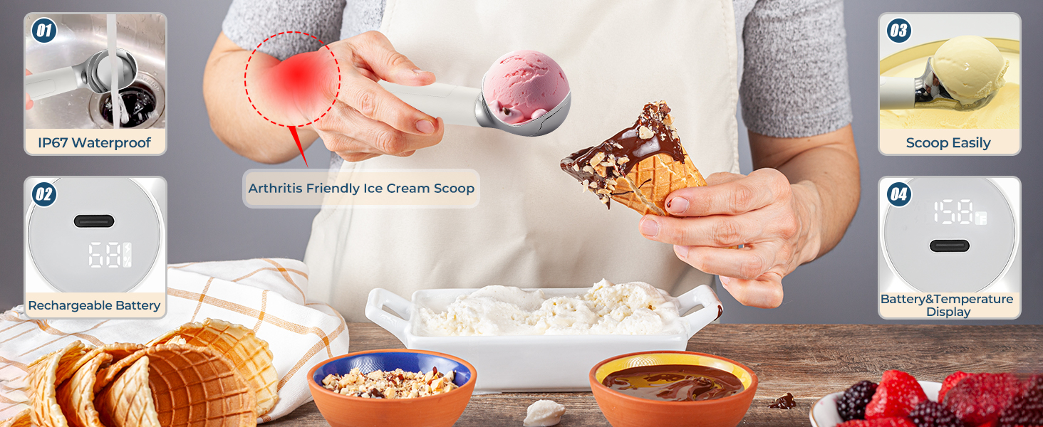 Heated Ice Cream Scoop Rechargeable, Electric Warming Ice Cream Scooper with LED Display, Heats to 158°F for Hard Ice Cream, Easy for Seniors & Kids, IP67 Waterproof (White, 2 oz)