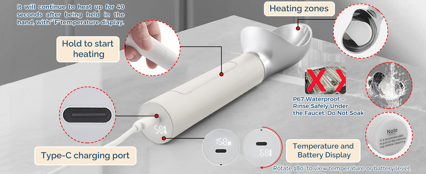 Heated Ice Cream Scoop Rechargeable, Electric Warming Ice Cream Scooper with LED Display, Heats to 158°F for Hard Ice Cream, Easy for Seniors & Kids, IP67 Waterproof (White, 2 oz)