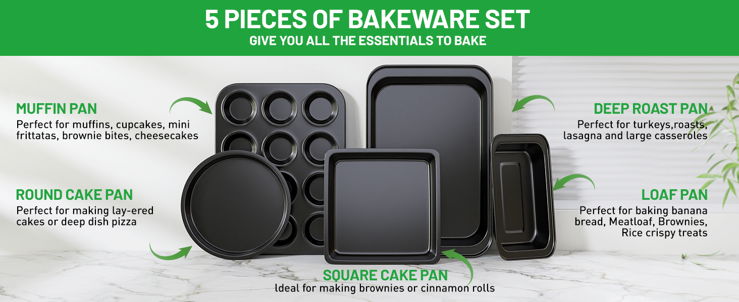 5 Pieces Baking Pans Set, Nonstick Baking Sheet Tray Oven Pans Bakeware Set, Baking Supplies with Round/Square Cake Pan, Muffin Pan, Loaf Pan, Roast Pan, Stackable Baking Sets for Cooking