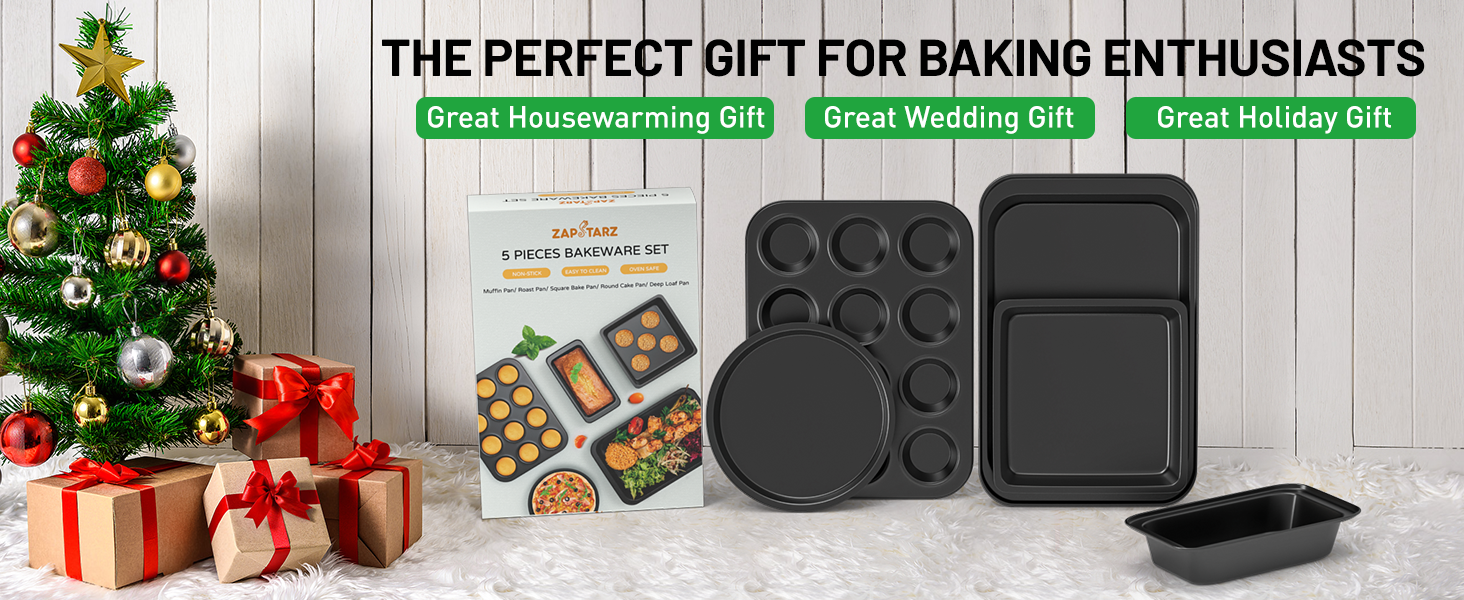 5 Pieces Baking Pans Set, Nonstick Baking Sheet Tray Oven Pans Bakeware Set, Baking Supplies with Round/Square Cake Pan, Muffin Pan, Loaf Pan, Roast Pan, Stackable Baking Sets for Cooking