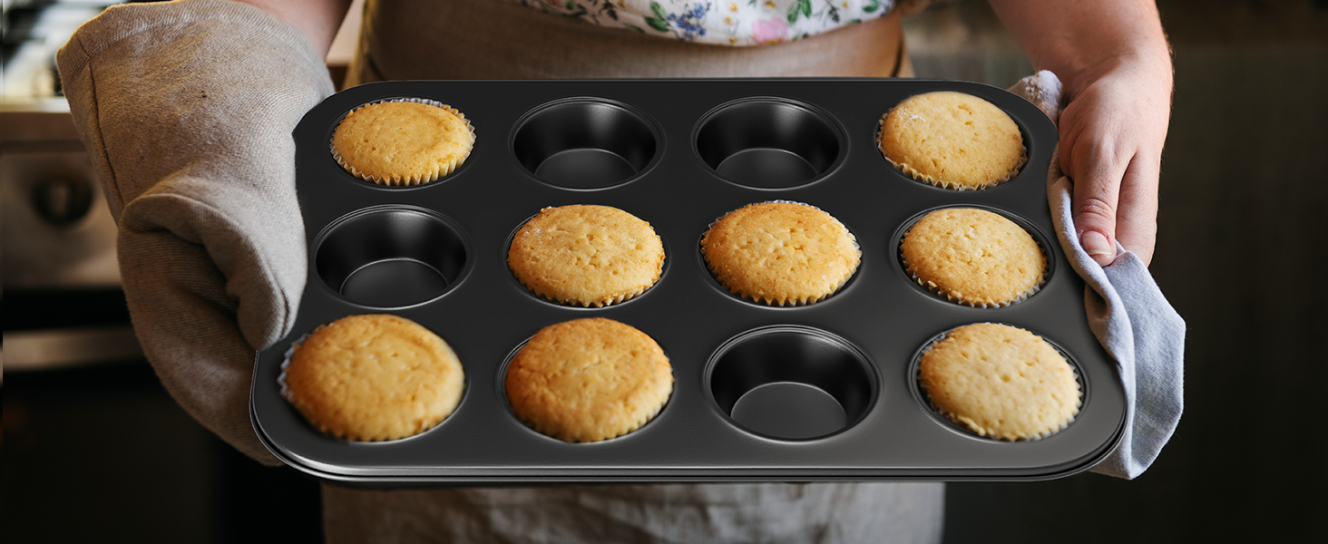 5 Pieces Baking Pans Set, Nonstick Baking Sheet Tray Oven Pans Bakeware Set, Baking Supplies with Round/Square Cake Pan, Muffin Pan, Loaf Pan, Roast Pan, Stackable Baking Sets for Cooking