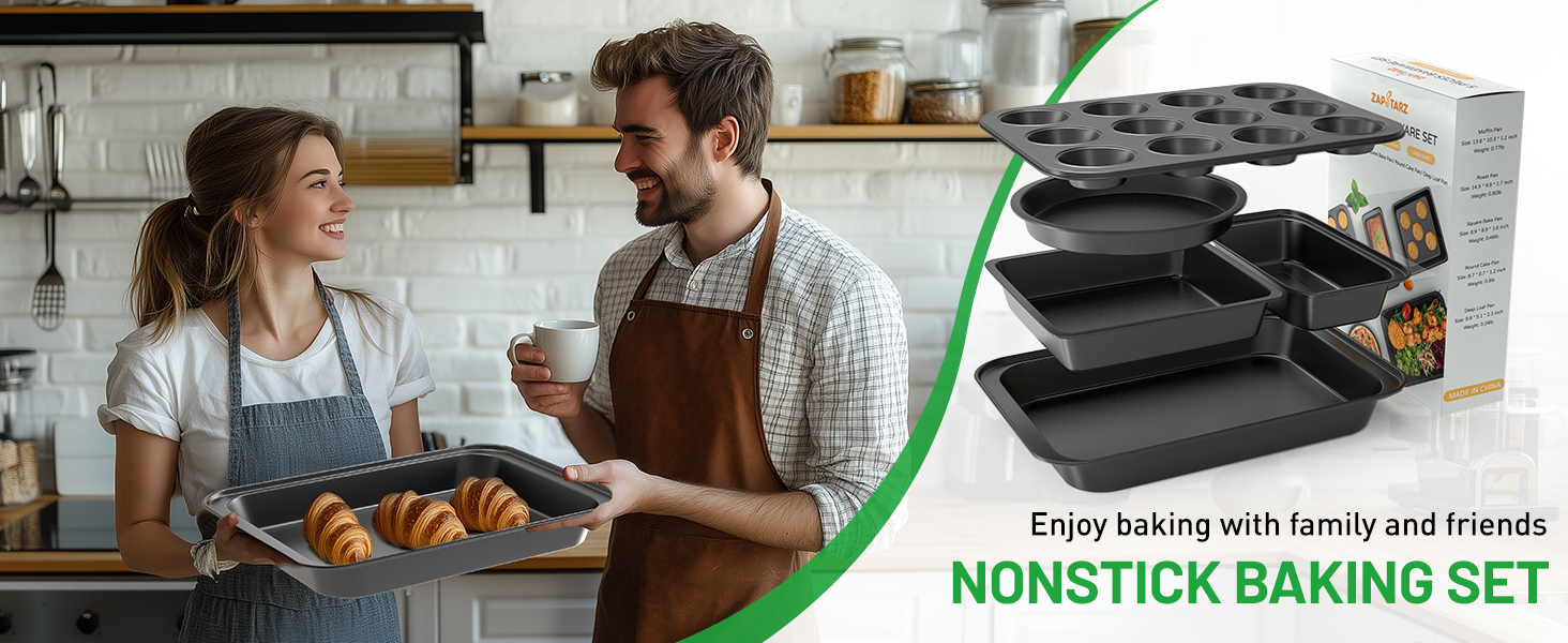 5 Pieces Baking Pans Set, Nonstick Baking Sheet Tray Oven Pans Bakeware Set, Baking Supplies with Round/Square Cake Pan, Muffin Pan, Loaf Pan, Roast Pan, Stackable Baking Sets for Cooking