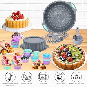 Tongjude 72 Pieces Silicone Bakeware Set, Nonstick Baking Pans Set, Easy Release Oven Silicone Pan for Kitchen with Cake Pans, Loaf Pans, Baking Cups, Measuring Cups and Spoons Set, Grey
