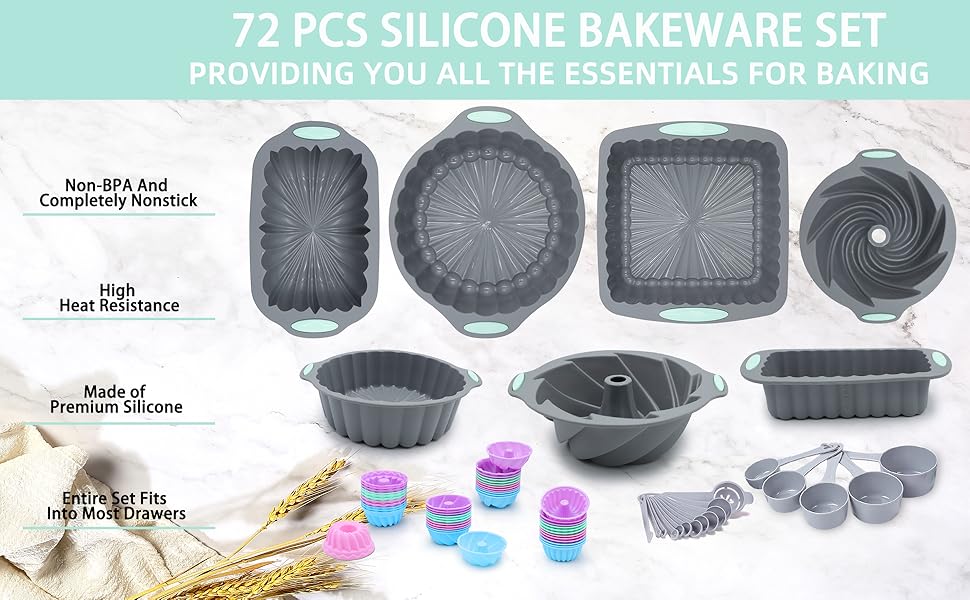 Tongjude 72 Pieces Silicone Bakeware Set, Nonstick Baking Pans Set, Easy Release Oven Silicone Pan for Kitchen with Cake Pans, Loaf Pans, Baking Cups, Measuring Cups and Spoons Set, Grey
