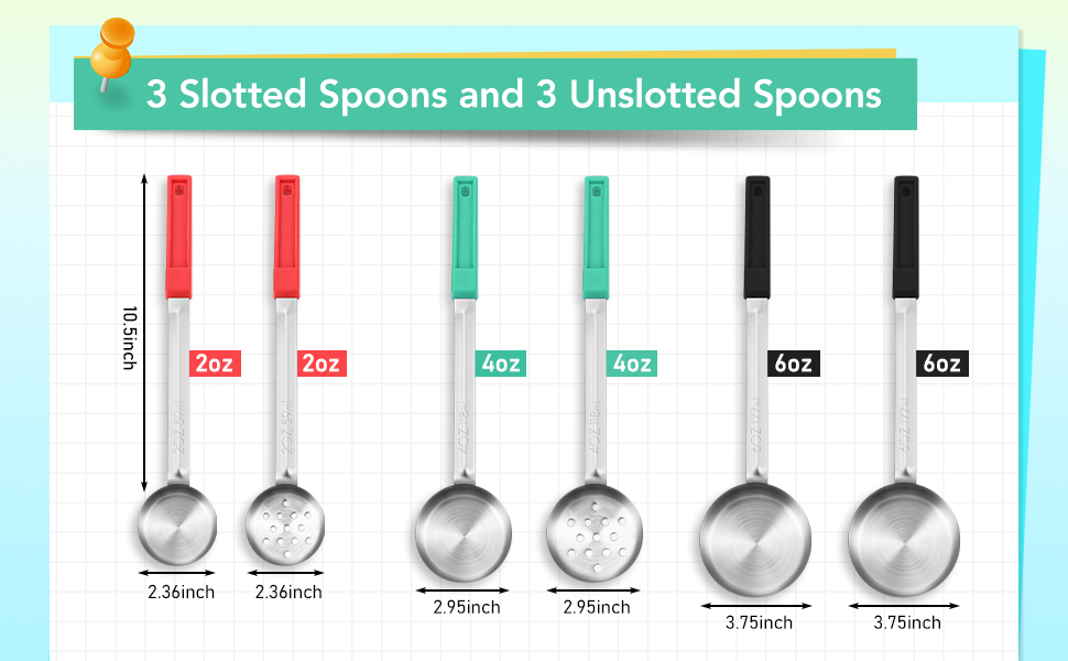 6 Pcs Portion Control Serving Spoons, Restaurant Measuring Serving Ladle Utensils, Portion Control Slotted and Unslotted Scoops for Weight Loss, Kitchen, 3 Size