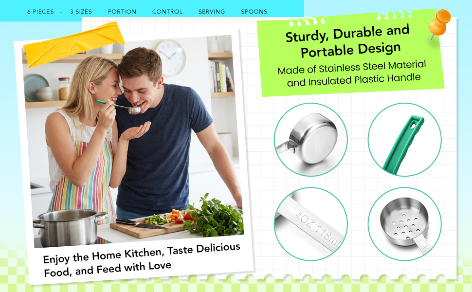 6 Pcs Portion Control Serving Spoons, Restaurant Measuring Serving Ladle Utensils, Portion Control Slotted and Unslotted Scoops for Weight Loss, Kitchen, 3 Size