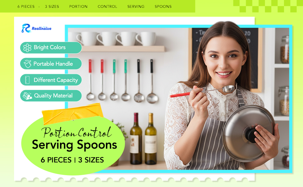 6 Pcs Portion Control Serving Spoons, Restaurant Measuring Serving Ladle Utensils, Portion Control Slotted and Unslotted Scoops for Weight Loss, Kitchen, 3 Size