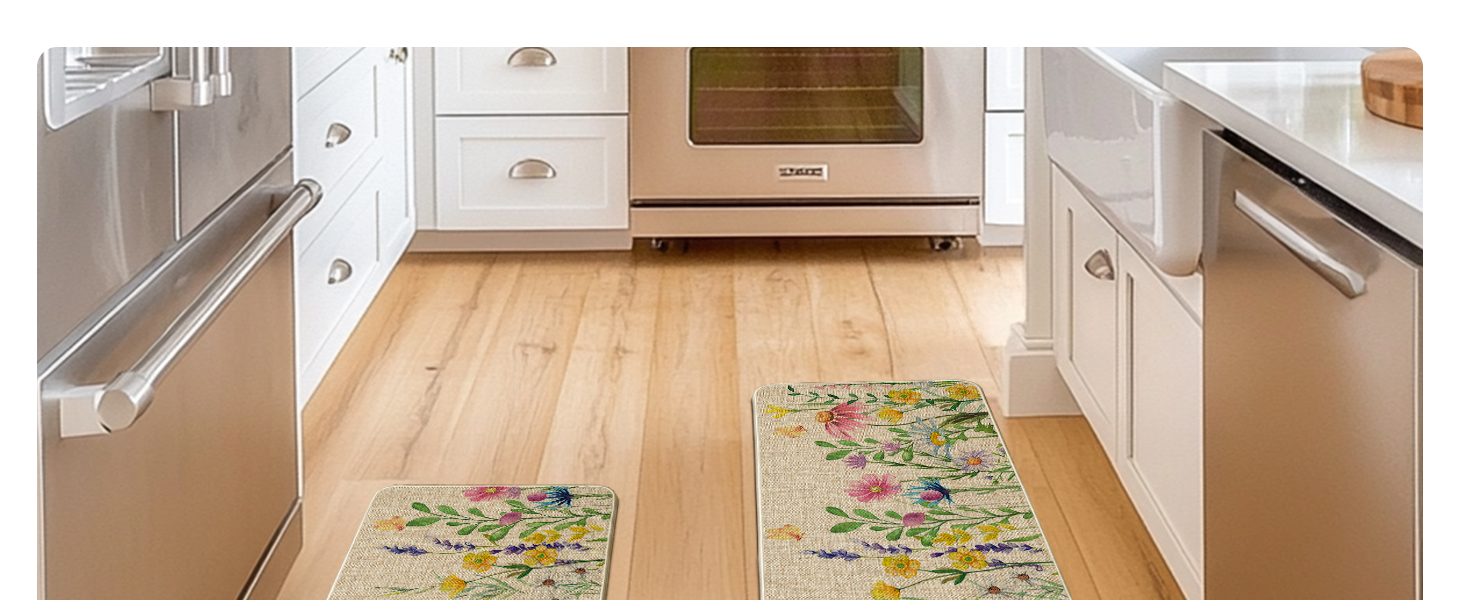 Artoid Mode Flowers Lavender Daisy Spring Kitchen Mats Set of 2, Summer Home Decor Low-Profile Kitchen Rugs for Floor - 17x29 and 17x47 Inch