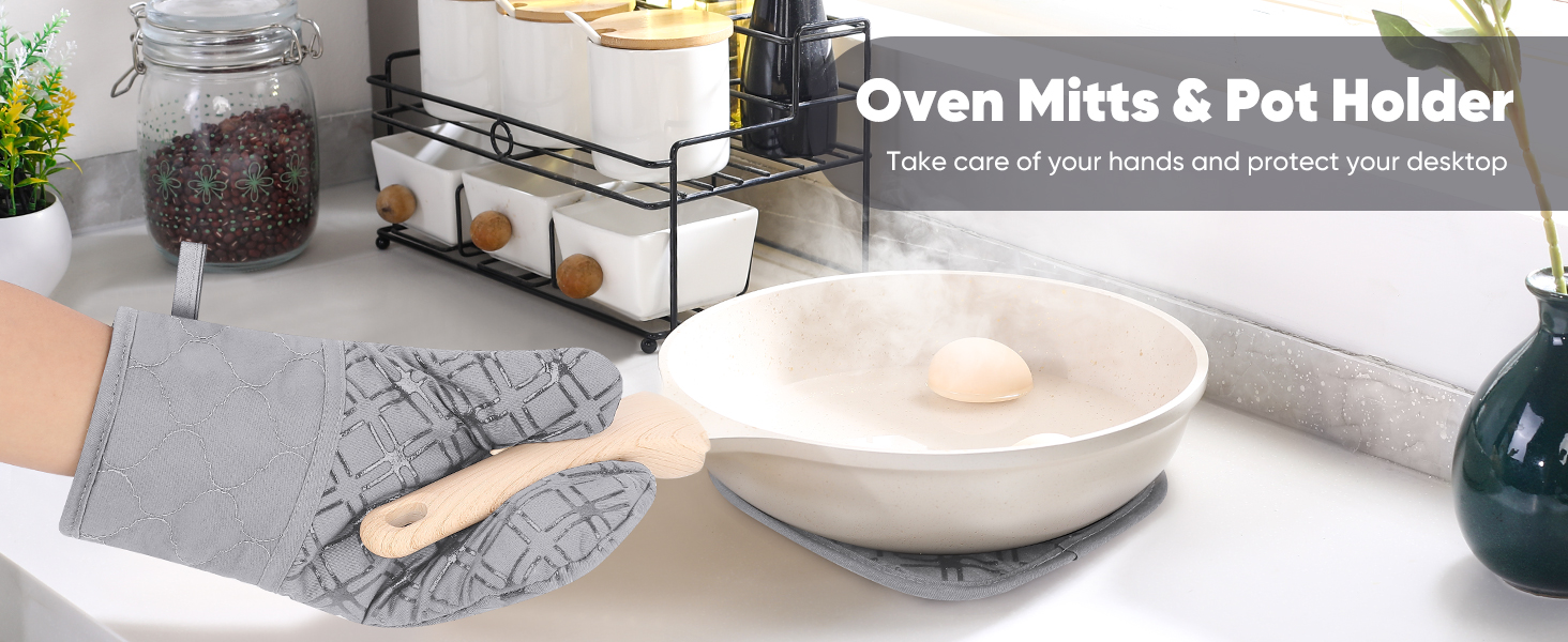 Oven Mitts and Pot Holders Set with Dishcloths, 500 Degree Heat Resistant Oven Gloves and Hot Pads, Premium Soft Cotton Kitchen Mittens and Dish Cloth Sets-Grey