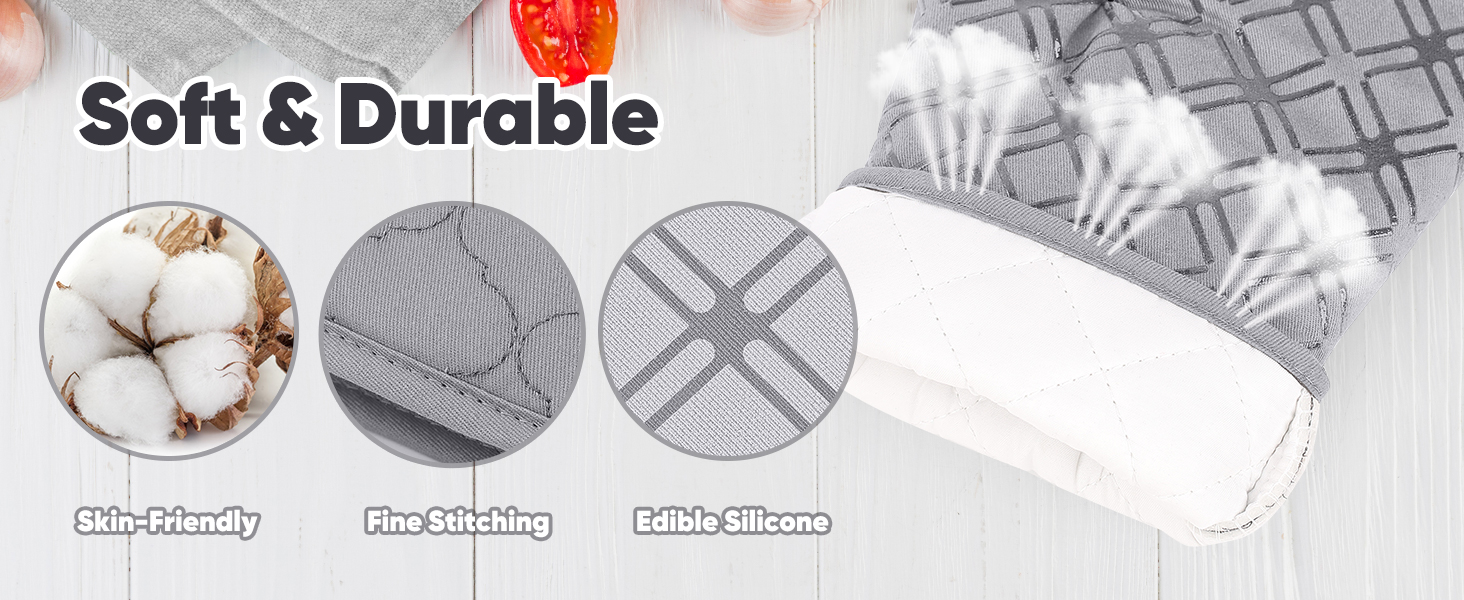 Oven Mitts and Pot Holders Set with Dishcloths, 500 Degree Heat Resistant Oven Gloves and Hot Pads, Premium Soft Cotton Kitchen Mittens and Dish Cloth Sets-Grey