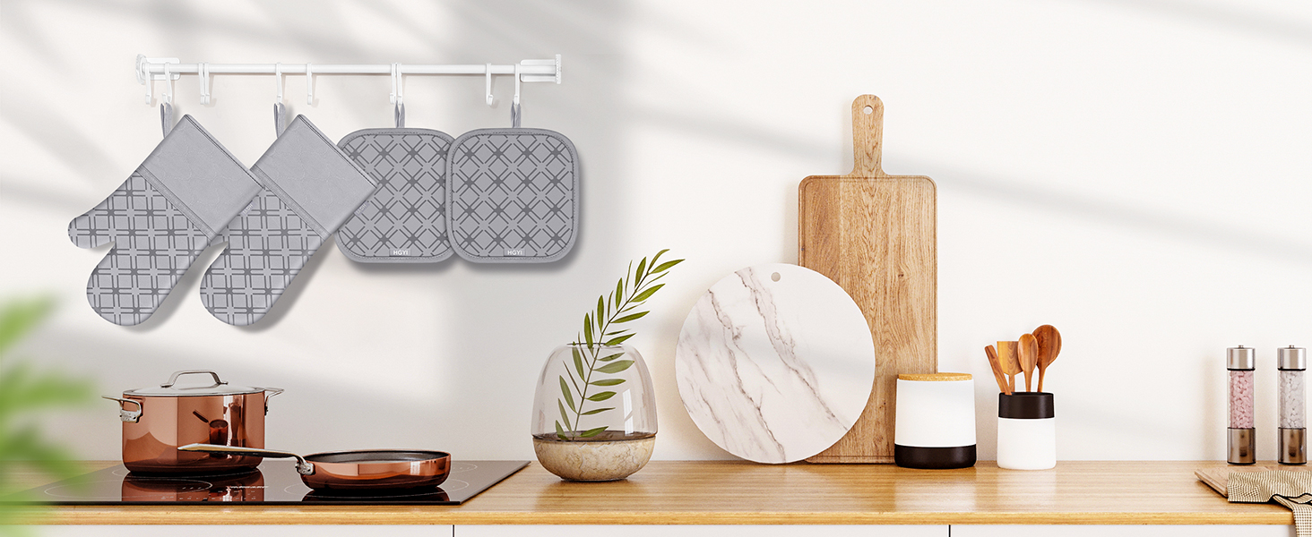 Oven Mitts and Pot Holders Set with Dishcloths, 500 Degree Heat Resistant Oven Gloves and Hot Pads, Premium Soft Cotton Kitchen Mittens and Dish Cloth Sets-Grey