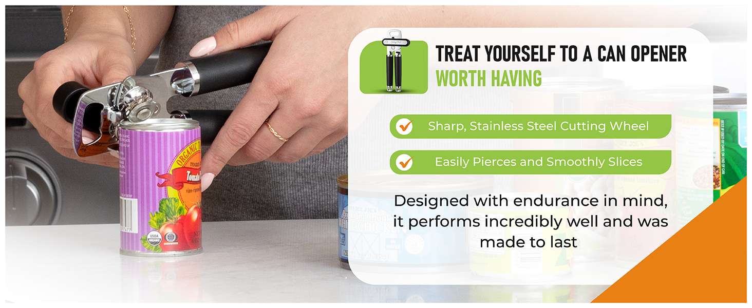 Spring Chef Stainless Steel Can Opener - Manual with Soft Grip Handles, Easy Turn, Heavy Duty Hand Can Openers for Seniors with Smooth Edge - Magnetic Lid Remover - Black