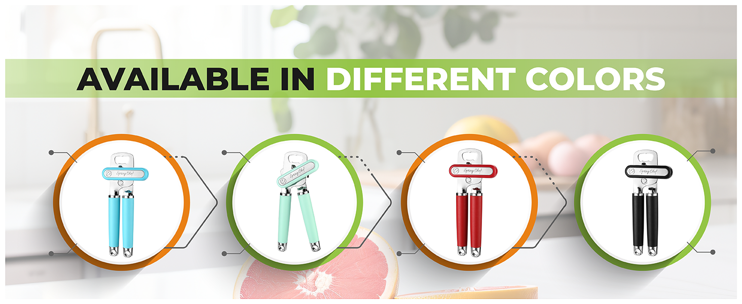 Spring Chef Stainless Steel Can Opener - Manual with Soft Grip Handles, Easy Turn, Heavy Duty Hand Can Openers for Seniors with Smooth Edge - Magnetic Lid Remover - Black