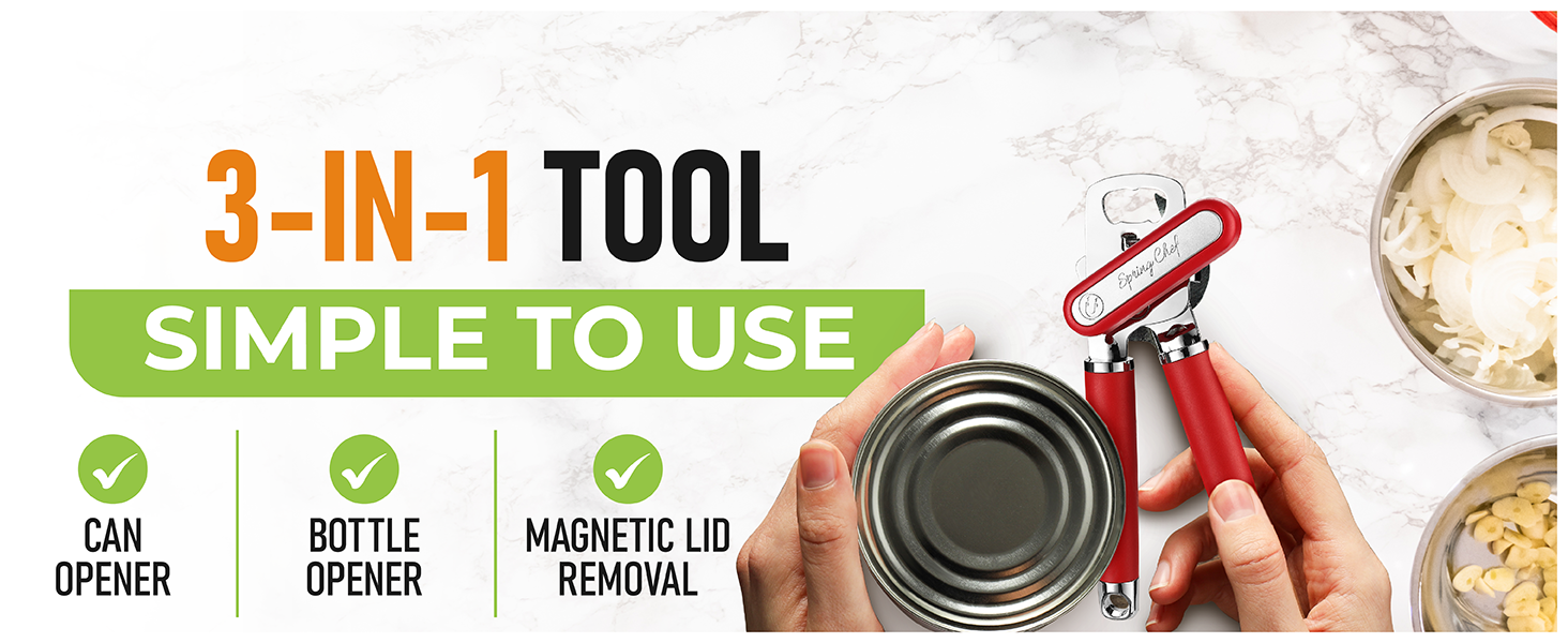 Spring Chef Stainless Steel Can Opener - Manual with Soft Grip Handles, Easy Turn, Heavy Duty Hand Can Openers for Seniors with Smooth Edge - Magnetic Lid Remover - Black