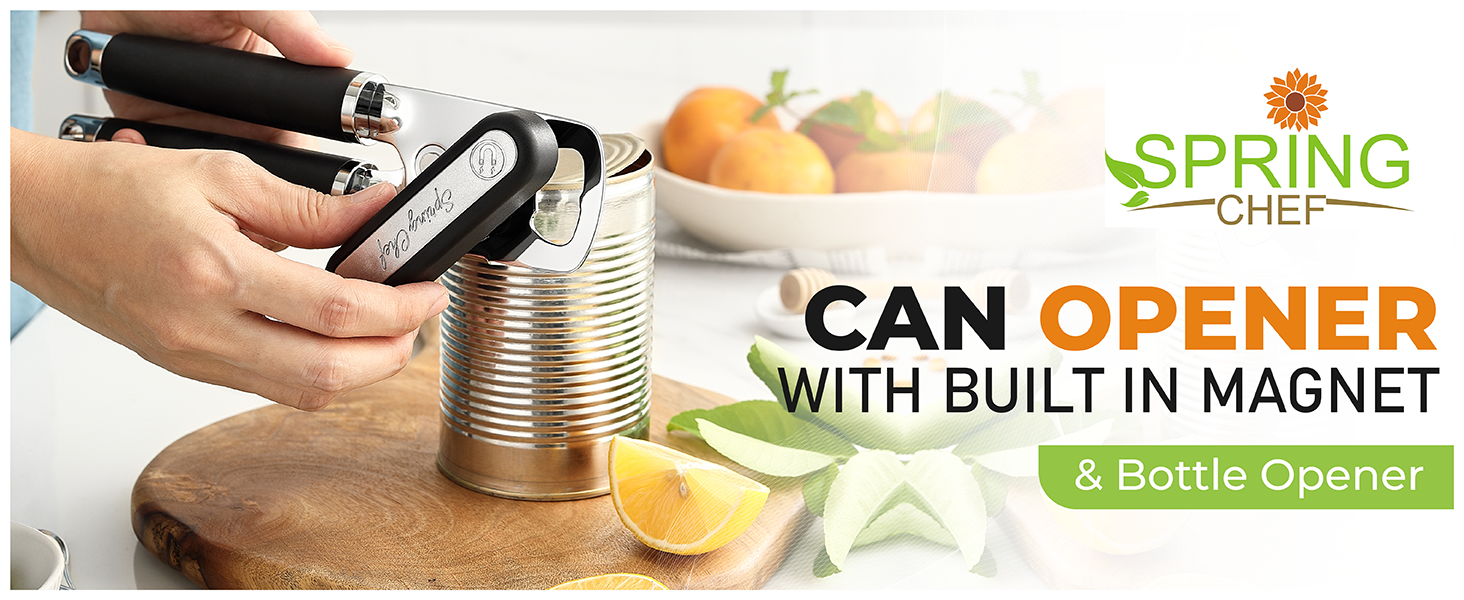Spring Chef Stainless Steel Can Opener - Manual with Soft Grip Handles, Easy Turn, Heavy Duty Hand Can Openers for Seniors with Smooth Edge - Magnetic Lid Remover - Black