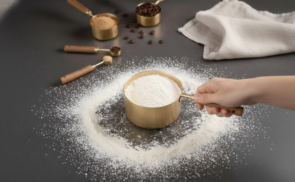 NAZANIN Gold Measuring Cups and Spoons Set with Leveler - 9 Piece Luxury Acacia Wood & Stainless Steel - Aesthetic Kitchen Decor - Professional Baking Tools - Wedding & Housewarming Gift