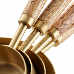 NAZANIN Gold Measuring Cups and Spoons Set with Leveler - 9 Piece Luxury Acacia Wood & Stainless Steel - Aesthetic Kitchen Decor - Professional Baking Tools - Wedding & Housewarming Gift