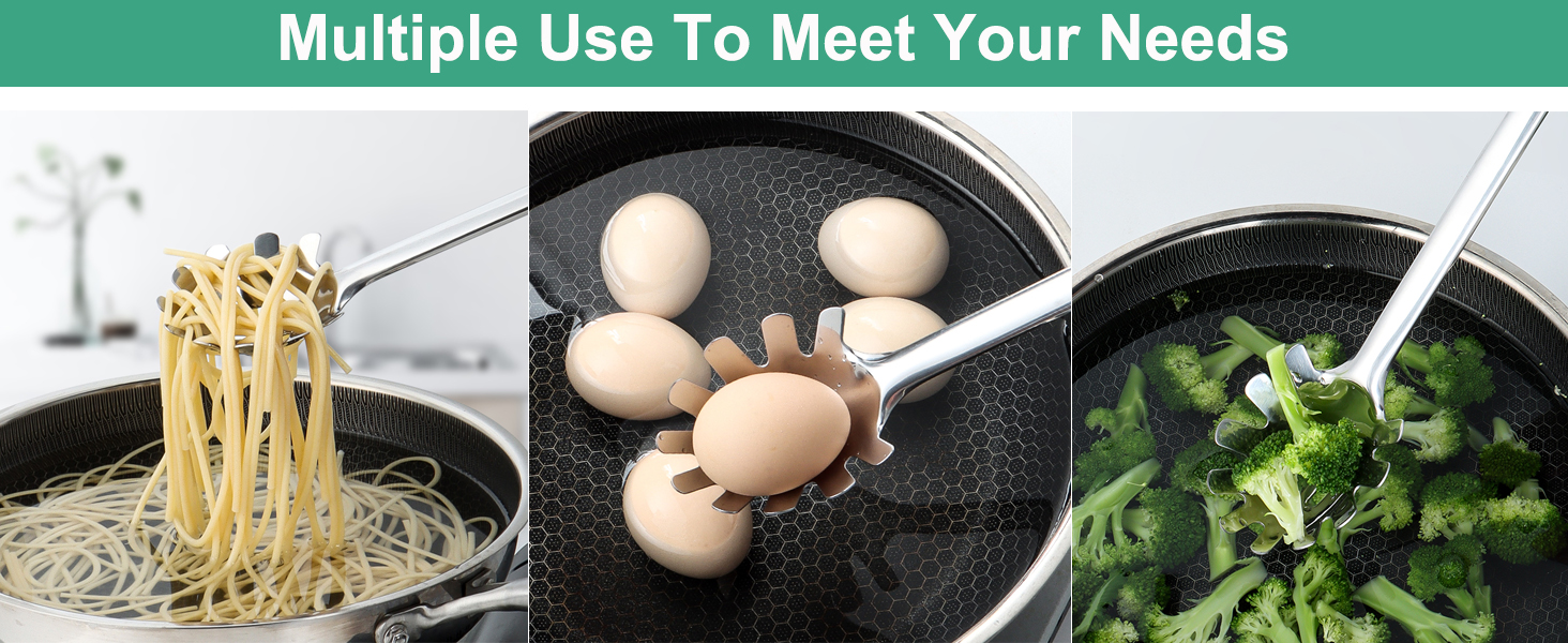 Spaghetti Spoon, Stainless Steel Pasta Spoon for Serving and Cooking, 13.4 Inch Pasta Fork with Teeth for Noodles, Ramen and Tagliolini, Comfortable Grip Design, Silver