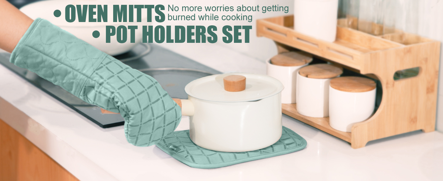 Oven Mitts Pot Holders Sets/Kitchen Towels and Dishcloths, Oven Gloves Kitchen Dish Towels 500 Degree Heat Resistant Potholders with Non-Slip Silicone Surface for Cooking, Grilling, Baking-Mint Green