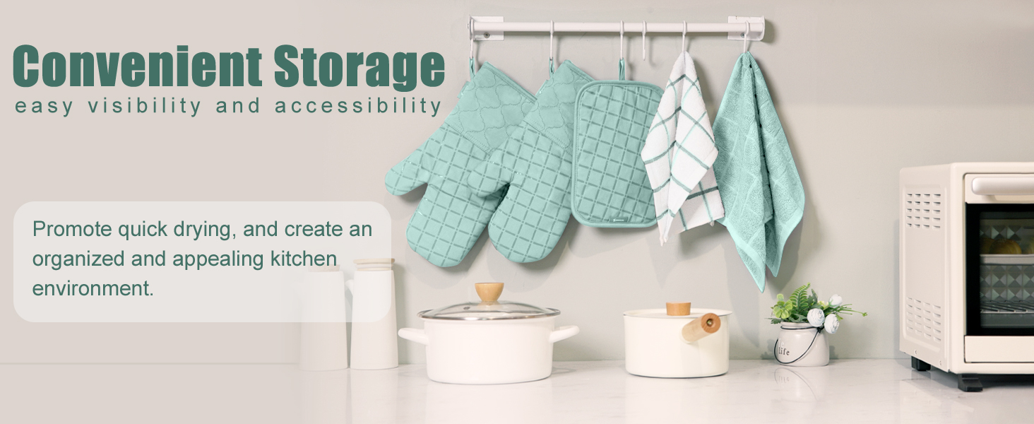 Oven Mitts Pot Holders Sets/Kitchen Towels and Dishcloths, Oven Gloves Kitchen Dish Towels 500 Degree Heat Resistant Potholders with Non-Slip Silicone Surface for Cooking, Grilling, Baking-Mint Green