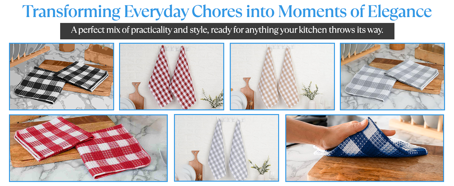 Blue Needles Set of 8 Waffle Weave Check Plaid Dish Cloths, 12x12 Inches 100% Cotton Dish Towels for Kitchen, Ultra Soft & Absorbent Kitchen Towels for Quick Drying Spring Summer - Black & White