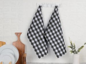 Blue Needles Set of 8 Waffle Weave Check Plaid Dish Cloths, 12x12 Inches 100% Cotton Dish Towels for Kitchen, Ultra Soft & Absorbent Kitchen Towels for Quick Drying Spring Summer - Black & White