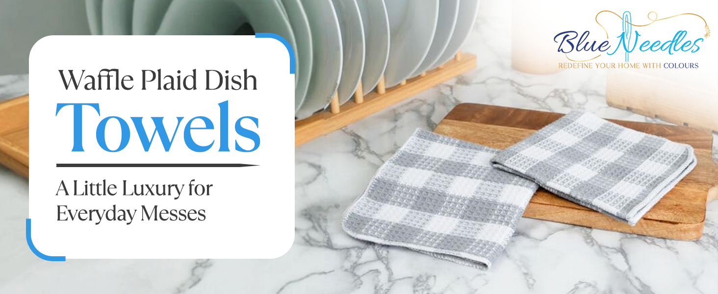 Blue Needles Set of 8 Waffle Weave Check Plaid Dish Cloths, 12x12 Inches 100% Cotton Dish Towels for Kitchen, Ultra Soft & Absorbent Kitchen Towels for Quick Drying Spring Summer - Black & White