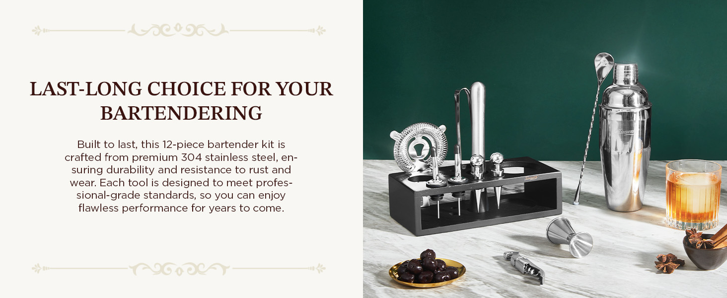 KITESSENSU Cocktail Shaker Set with Stand | Mixology Bartender Kit Bar Set with Essential Bar Accessories for Home Bar: Martini Shaker, Jigger, Muddler, Bar Spoon | Drink Mixer Cocktail Kit