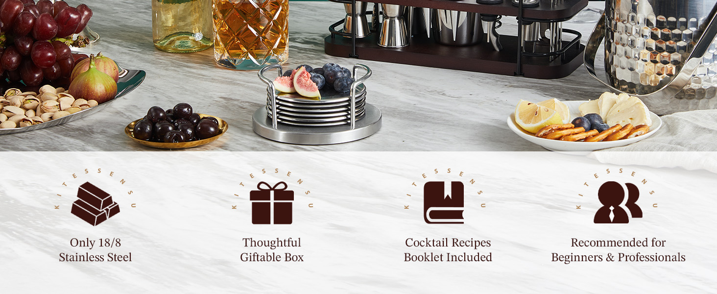 KITESSENSU Cocktail Shaker Set Bartender Kit with Stand | Complete 24-Piece Bar Set Cocktail Kit with All Bar Accessories: Martini Shaker, Jigger, Muddler | Drink Mixer Set for Home Bar Cocktails