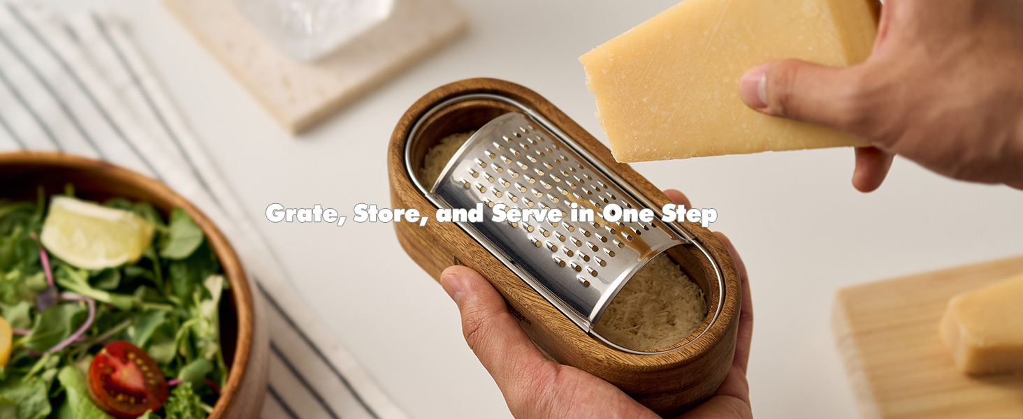 Removable SUS304 Stainless Steel Cheese Grater with Wooden Container, Wooden Shredder, Citrus Zester, Perfect for Presenting Freshly Grated Cheese or Zest